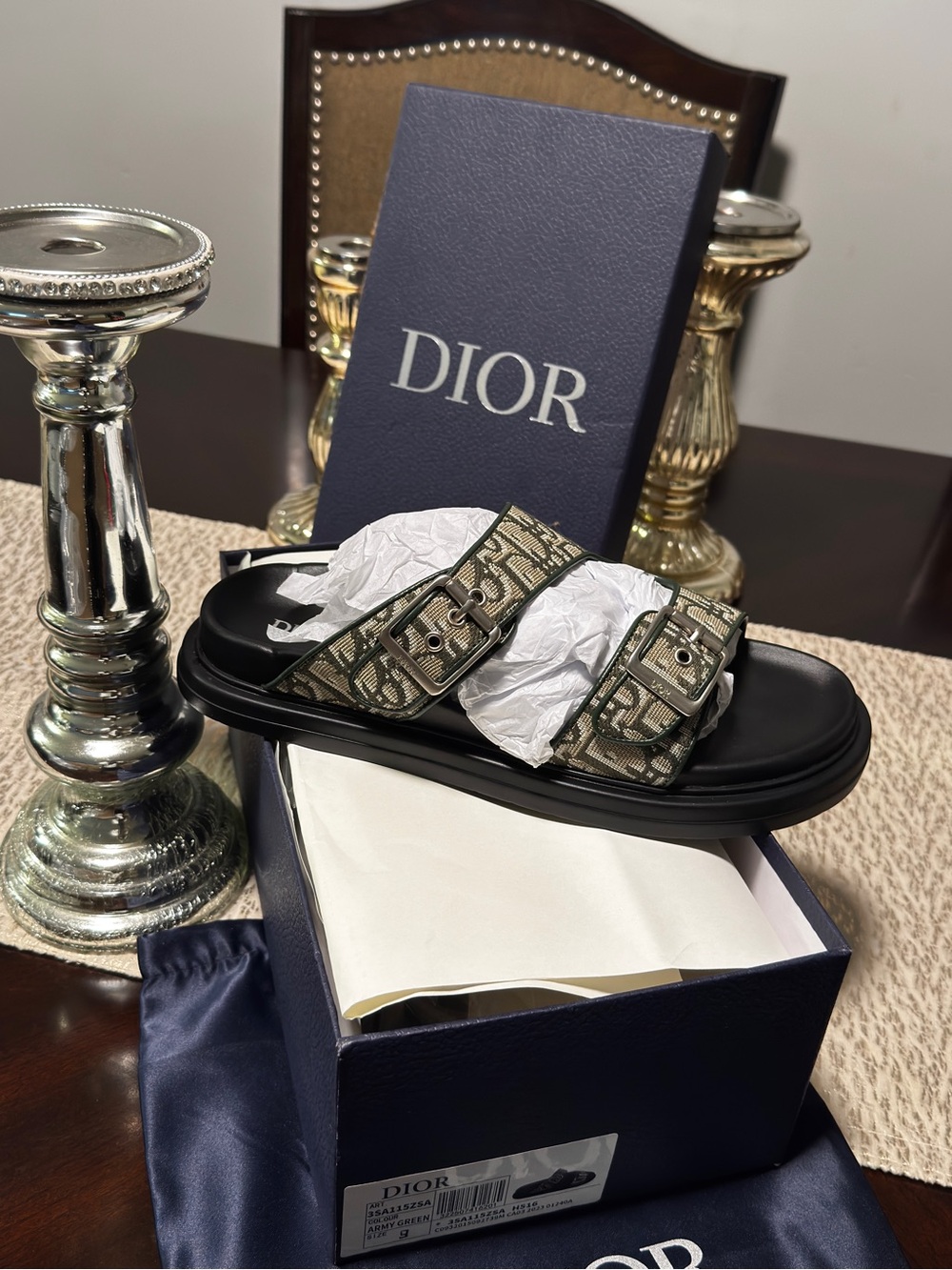 Dior Men’s Black Footbed Olive Green Oblique Buckle Slide Sandals